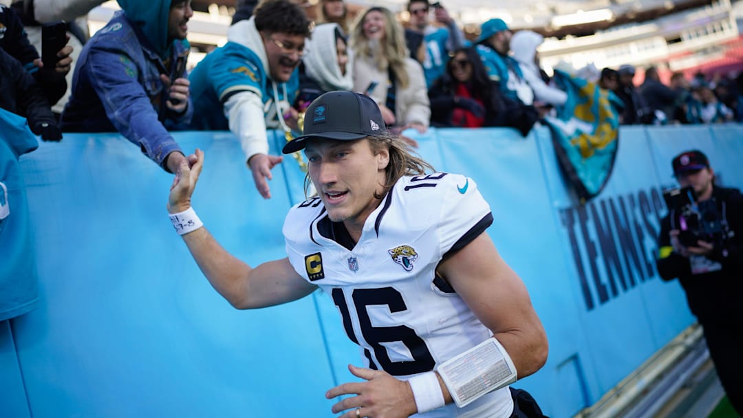 Jacksonville Jaguars quarterback Trevor Lawrence (16) celebrates the victory over the Tennessee Titans after the game at Nissan Stadium in Nashville, Tenn., Sunday, Nov. 30, 2025.