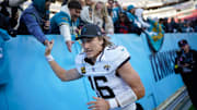 Jacksonville Jaguars quarterback Trevor Lawrence (16) celebrates the victory over the Tennessee Titans after the game at Nissan Stadium in Nashville, Tenn., Sunday, Nov. 30, 2025.