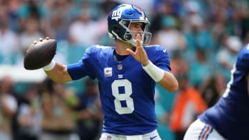 Oct 8, 2023; Miami Gardens, Florida, USA; New York Giants quarterback Daniel Jones (8) attempts a pass agianst the Miami Dolphins.