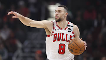 Jan 10, 2025; Chicago, Illinois, USA; Chicago Bulls guard Zach LaVine (8) brings the ball up court against the Washington Wizards during the first half at United Center. 
