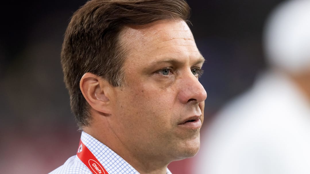 Aug 9, 2025; Glendale, Arizona, USA; Kansas City Chiefs general manager Brett Veach against the Arizona Cardinals during a preseason NFL game at State Farm Stadium. Mandatory Credit: Mark J. Rebilas-Imagn Images