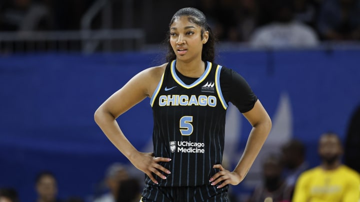 Aug 25, 2024; Chicago, Illinois, USA; Chicago Sky forward Angel Reese (5) looks on during the first half of a basketball game against the Las Vegas Aces at Wintrust Arena. Mandatory Credit: Kamil Krzaczynski-USA TODAY Sports