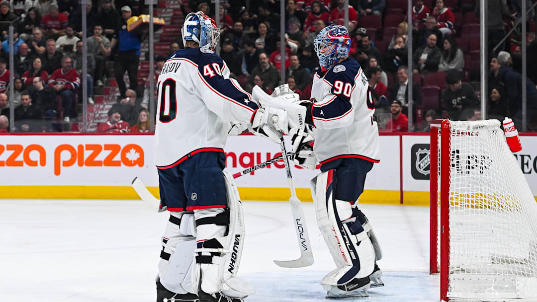 Mar 12, 2024; Montreal, Quebec, CAN; Columbus Blue Jackets goalie Daniil Tarasov (40) replaces goalie Elvis Merzlikins (90) against the Montreal Canadiens during the first period at Bell Centre. Mandatory Credit: David Kirouac-Imagn Images