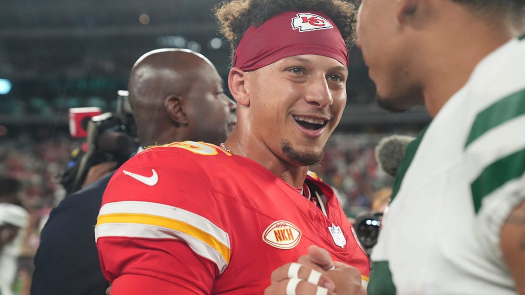 Kansas City Chiefs quarterback Patrick Mahomes at the end of the game. The New York Jets hosted the Kansas City Chiefs at MetLife Stadium in East Rutherford, NJ, on October 1, 2023.