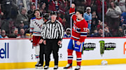 Jan 19, 2025; Montreal, Quebec, CAN; Montreal Canadiens defenseman Arber Xhekaj (72) reacts by raising his fist in the air after a fight with New York Rangers center Matt Rempe (73) during the second period at Bell Centre. Mandatory Credit: David Kirouac-Imagn Images