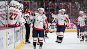 Apr 27, 2025; Montreal, Quebec, CAN; Washington Capitals left wing Andrew Mangiapane (88) celebrates with his teammates at the bench his goal against the Montreal Canadiens during the third period in game four of the first round of the 2025 Stanley Cup Playoffs at Bell Centre. Mandatory Credit: David Kirouac-Imagn Images