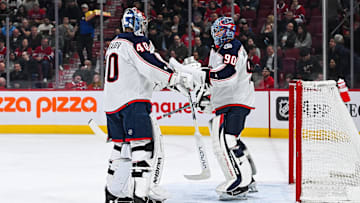 Mar 12, 2024; Montreal, Quebec, CAN; Columbus Blue Jackets goalie Daniil Tarasov (40) replaces goalie Elvis Merzlikins (90) against the Montreal Canadiens during the first period at Bell Centre. Mandatory Credit: David Kirouac-Imagn Images