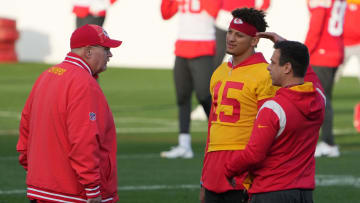 Nov 3, 2023; Frankfurt, Germany; Kansas City Chiefs coach Andy Reid (left), quarterback Patrick Mahomes (15) and wide receivers coach Connor Embree during practice at DFB Campus. Mandatory Credit: Kirby Lee-USA TODAY Sports