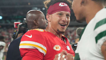 Kansas City Chiefs quarterback Patrick Mahomes at the end of the game. The New York Jets hosted the Kansas City Chiefs at MetLife Stadium in East Rutherford, NJ, on October 1, 2023.