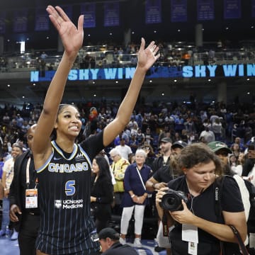 Jun 23, 2024; Chicago, Illinois, USA; Chicago Sky forward Angel Reese (5) reacts after defeating the Indiana Fever at Wintrust Arena. Mandatory Credit: Kamil Krzaczynski-USA TODAY Sports