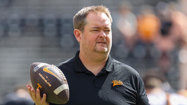 Oct 11, 2025; Knoxville, Tennessee, USA;  Tennessee Volunteers head coach Josh Heupel before the game against the Arkansas Razorbacks at Neyland Stadium. Mandatory Credit: Randy Sartin-Imagn Images