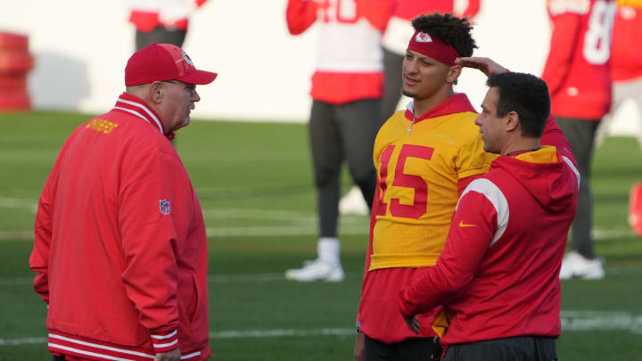 Nov 3, 2023; Frankfurt, Germany; Kansas City Chiefs coach Andy Reid (left), quarterback Patrick Mahomes (15) and wide receivers coach Connor Embree during practice at DFB Campus. Mandatory Credit: Kirby Lee-USA TODAY Sports