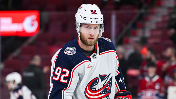 Mar 12, 2024; Montreal, Quebec, CAN; Columbus Blue Jackets left wing Alex Nylander (92) looks on during warm-up before the game against the Montreal Canadiens at Bell Centre. Mandatory Credit: David Kirouac-USA TODAY Sports