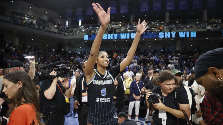 Jun 23, 2024; Chicago, Illinois, USA; Chicago Sky forward Angel Reese (5) reacts after defeating the Indiana Fever at Wintrust Arena. Mandatory Credit: Kamil Krzaczynski-USA TODAY Sports