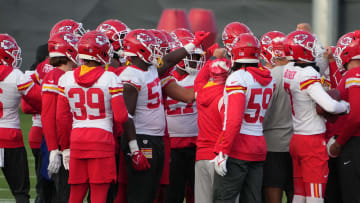 Nov 3, 2023; Frankfurt, Germany; Kansas City Chiefs players huddle during practice at DFB Campus. Mandatory Credit: Kirby Lee-USA TODAY Sports