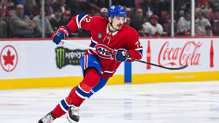 Oct 1, 2024; Montreal, Quebec, CAN; Montreal Canadiens defenseman Arber Xhekaj (72) skates towards the play against the Ottawa Senators during the second period at Bell Centre. Mandatory Credit: David Kirouac-Imagn Images