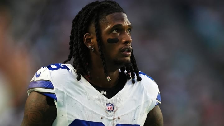 Dec 24, 2023; Miami Gardens, Florida, USA; Dallas Cowboys wide receiver CeeDee Lamb (88) looks up at the scoreboard during the first half against the Miami Dolphins at Hard Rock Stadium.