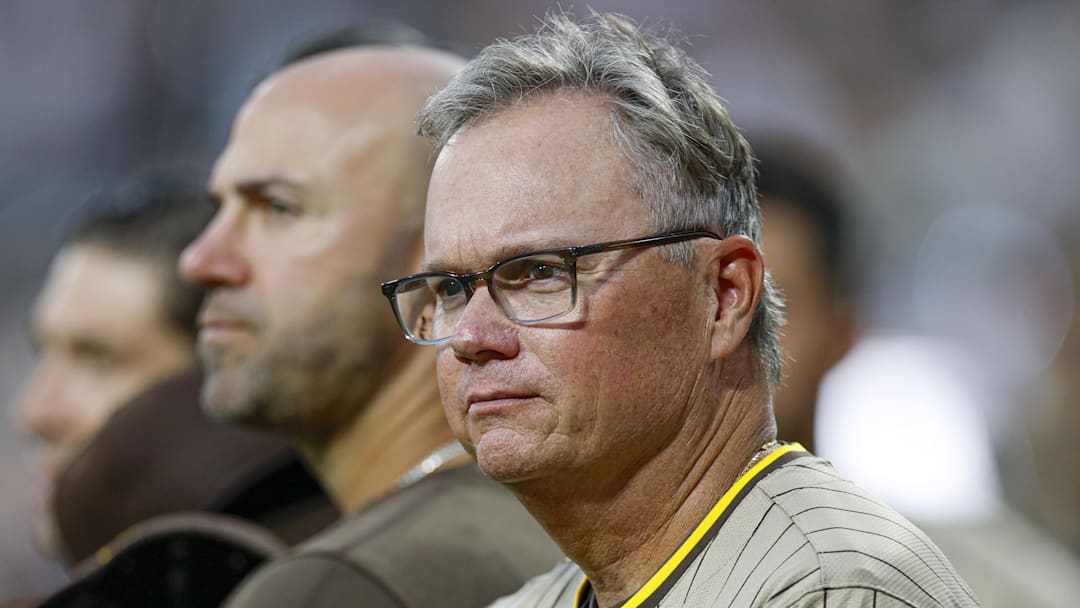 Sep 19, 2025; Chicago, Illinois, USA; San Diego Padres manager Mike Shildt (8) looks on from the sidelines before a baseball game between the Chicago White Sox and San Diego Padres at Rate Field. Mandatory Credit: Kamil Krzaczynski-Imagn Images