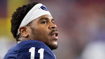 Dec 31, 2024; Glendale, AZ, USA; Penn State Nittany Lions defensive end Abdul Carter (11) against the Boise State Broncos in the Fiesta Bowl at State Farm Stadium. Mandatory Credit: Mark J. Rebilas-Imagn Images