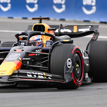 Jun 8, 2024; Montreal, Quebec, CAN; Red Bull Racing driver Max Verstappen (NED) races during the qualifying session of the Canadian Grand Prix at Circuit Gilles Villeneuve. Mandatory Credit: David Kirouac-USA TODAY Sports