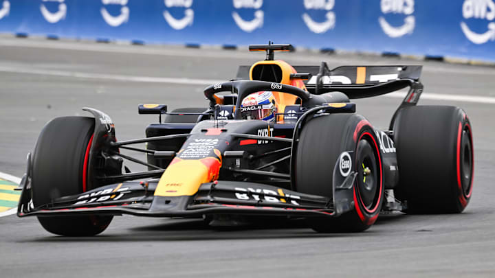 Jun 8, 2024; Montreal, Quebec, CAN; Red Bull Racing driver Max Verstappen (NED) races during the qualifying session of the Canadian Grand Prix at Circuit Gilles Villeneuve. Mandatory Credit: David Kirouac-USA TODAY Sports