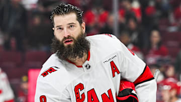Apr 16, 2025; Montreal, Quebec, CAN; Carolina Hurricanes defenseman Brent Burns (8) looks on in warm-up before the game against the Montreal Canadiens at Bell Centre. Mandatory Credit: David Kirouac-Imagn Images