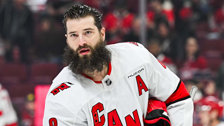Apr 16, 2025; Montreal, Quebec, CAN; Carolina Hurricanes defenseman Brent Burns (8) looks on in warm-up before the game against the Montreal Canadiens at Bell Centre. Mandatory Credit: David Kirouac-Imagn Images