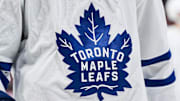 Jan 18, 2025; Montreal, Quebec, CAN; View of a Toronto Maple Leafs logo on a jersey worn by a member of the team during the second period at Bell Centre. Mandatory Credit: David Kirouac-Imagn Images
