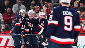 Feb 13, 2025; Montreal, Quebec, CAN; [Imagn Images direct customers only] Team USA forward Brady Tkachuk (7) celebrates with his teammates his goal against Team Finland in the third period during a 4 Nations Face-Off ice hockey game at Bell Centre. Mandatory Credit: David Kirouac-Imagn Images