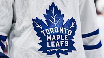 Jan 18, 2025; Montreal, Quebec, CAN; View of a Toronto Maple Leafs logo on a jersey worn by a member of the team during the second period at Bell Centre. Mandatory Credit: David Kirouac-Imagn Images