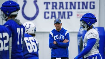 Indianapolis Colts head coach Shane Steichen watches special teams drills Friday, July 28, 2023, during an indoor practice at Grand Park Sports Campus in Westfield, Indiana.