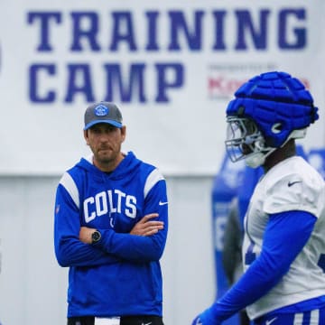 Indianapolis Colts head coach Shane Steichen watches special teams drills Friday, July 28, 2023, during an indoor practice at Grand Park Sports Campus in Westfield, Indiana.
