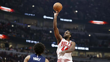 Jan 10, 2025; Chicago, Illinois, USA; Chicago Bulls forward Patrick Williams (44) shoots against Washington Wizards