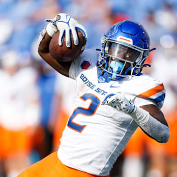 Boise State's Ashton Jeanty (2) dives in for a touchdown during the game between University of Memphis and Boise State University in Memphis, Tenn., on Saturday, September 30, 2023.