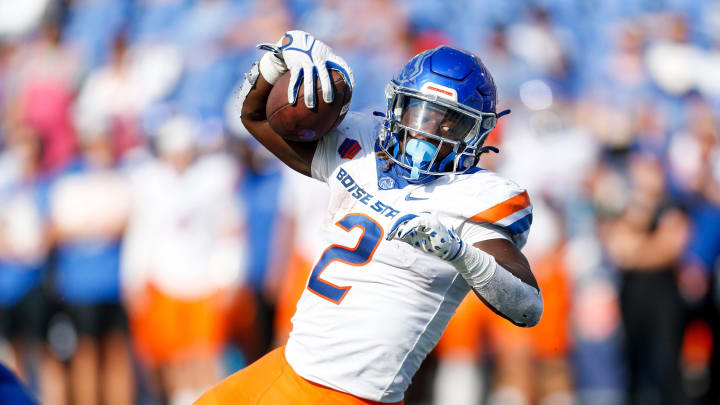 Boise State's Ashton Jeanty (2) dives in for a touchdown during the game between University of Memphis and Boise State University in Memphis, Tenn., on Saturday, September 30, 2023.