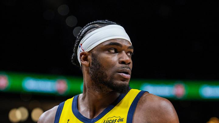 Jan 26, 2026; Atlanta, Georgia, USA; Indiana Pacers forward Jarace Walker (5) during the game against the Atlanta Hawks during the fourth quarter at State Farm Arena. Mandatory Credit: Jordan Godfree-Imagn Images