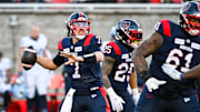 Nov 9, 2024; Montreal, Quebec, CAN; Montreal Alouettes quarterback Cody Fajardo (7) passes the ball against the Toronto Argonauts during the second quarter at Percival-Molson Memorial Stadium. Mandatory Credit: David Kirouac-Imagn Images