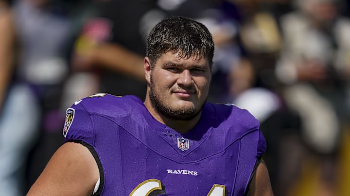 Sep 14, 2025; Baltimore, Maryland, USA; Baltimore Ravens center Tyler Linderbaum (64) before the game against the Cleveland Browns at M&T Bank Stadium. Mandatory Credit: Mitch Stringer-Imagn Images