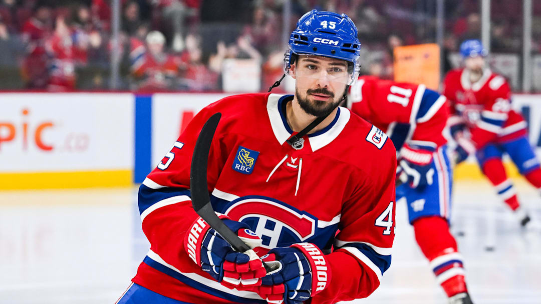 Mar 17, 2026; Montreal, Quebec, CAN; Montreal Canadiens defenseman Alexandre Carrier (45) looks on during warm-up before the game against the Boston Bruins at Bell Centre. Mandatory Credit: David Kirouac-Imagn Images
