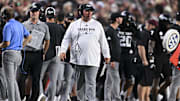 Texas A&M Aggies head coach Mike Elko looks on during the first half against the Mississippi State Bulldogs at Kyle Field. Mandatory Credit: Maria Lysaker-Imagn Images 