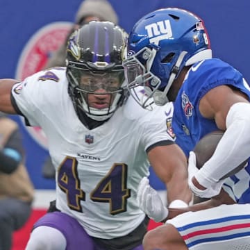 East Rutherford, NJ -- December 15, 2024 -- Marlon Humphrey of the Ravens lines up Darius Slayton of the Giants in the first half. The Baltimore Ravens came to MetLife Stadium to play the New York Giants.