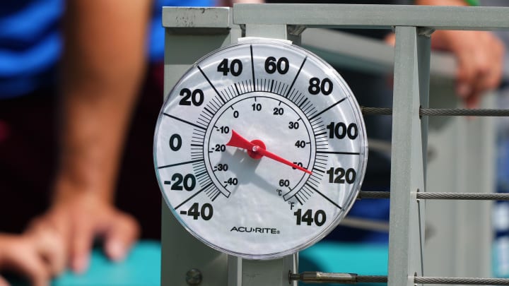 Oct 8, 2023; Miami Gardens, Florida, USA; A detailed view of a thermometer with the reading of 120 degrees on the field prior to the game between the Miami Dolphins and the New York Giants at Hard Rock Stadium.