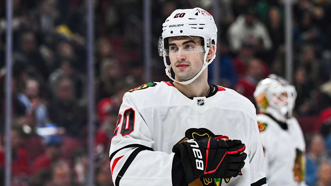 Apr 14, 2025; Montreal, Quebec, CAN; Chicago Blackhawks center Ryan Greene (20) looks on in the second period at Bell Centre. Mandatory Credit: David Kirouac-Imagn Images