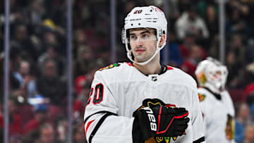 Apr 14, 2025; Montreal, Quebec, CAN; Chicago Blackhawks center Ryan Greene (20) looks on in the second period at Bell Centre. Mandatory Credit: David Kirouac-Imagn Images