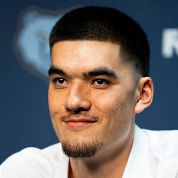 Zach Edey, a first-round draft pick for the Grizzlies, smiles during a press conference to introduce the team’s 2024 NBA Draft picks at FedExForum on Friday, June 28, 2024.