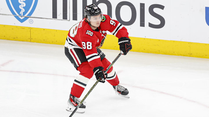 Mar 22, 2026; Chicago, Illinois, USA; Chicago Blackhawks center Connor Bedard (98) looks to pass the puck against the Nashville Predators during the third period at United Center. Mandatory Credit: Kamil Krzaczynski-Imagn Images