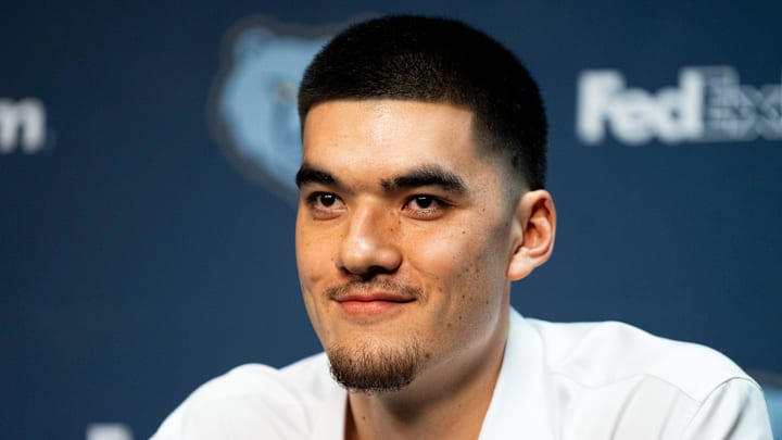 Zach Edey, a first-round draft pick for the Grizzlies, smiles during a press conference to introduce the team’s 2024 NBA Draft picks at FedExForum on Friday, June 28, 2024.