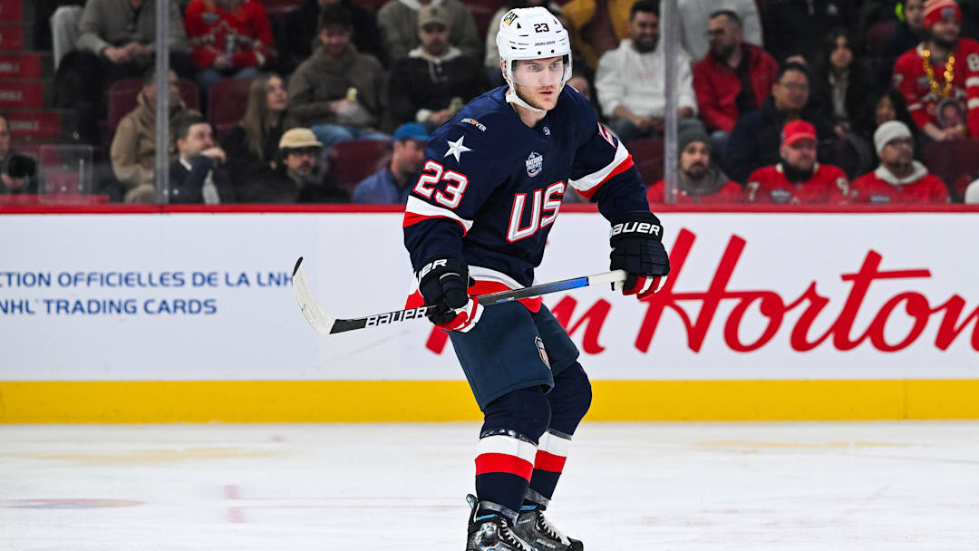 Feb 13, 2025; Montreal, Quebec, CAN; [Imagn Images direct customers only] Team USA defenseman Adam Fox (23) skates against Team Finland in the second period during a 4 Nations Face-Off ice hockey game at Bell Centre. Mandatory Credit: David Kirouac-Imagn Images