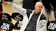 UCONN’s head men’s basketball coach Dan Hurley speaks with another coach during Nike EYBL at the Memphis Sports & Events Center on Saturday, May 17, 2025.
