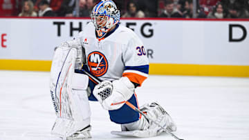 Dec 3, 2024; Montreal, Quebec, CAN; New York Islanders goalie Ilya Sorokin (30) kneels on the ice during a break against the Montreal Canadiens during the third period at Bell Centre. Mandatory Credit: David Kirouac-Imagn Images